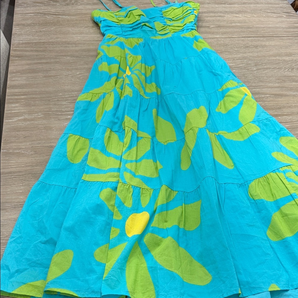 Bright Teal Spaghetti-Strap Summer Dress with Lime Print